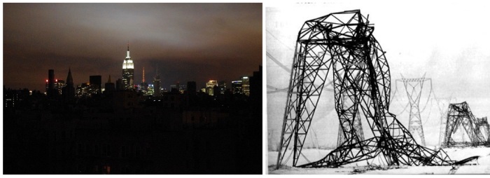 Although developed countries tend not to have scheduled power outages, natural disasters can still cause unexpected power outages, like this blackout in New York caused by Hurricane Sandy (left) and  transmission lines wrecked by an ice storm in Canada (right). Micro-grids may help isolate these outages and minimize their negative consequences. Source: wikicommons and 